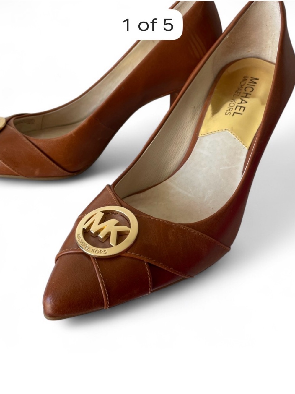 Michael Kors Cognac Leather Pointed-Toe Pumps with Gold MK Emblem